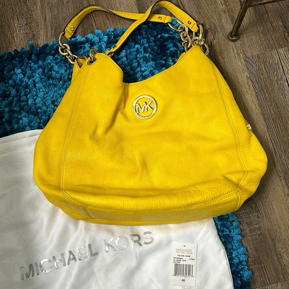 Authentic Michael Kors yellow leather “Fulton” shoulder tote